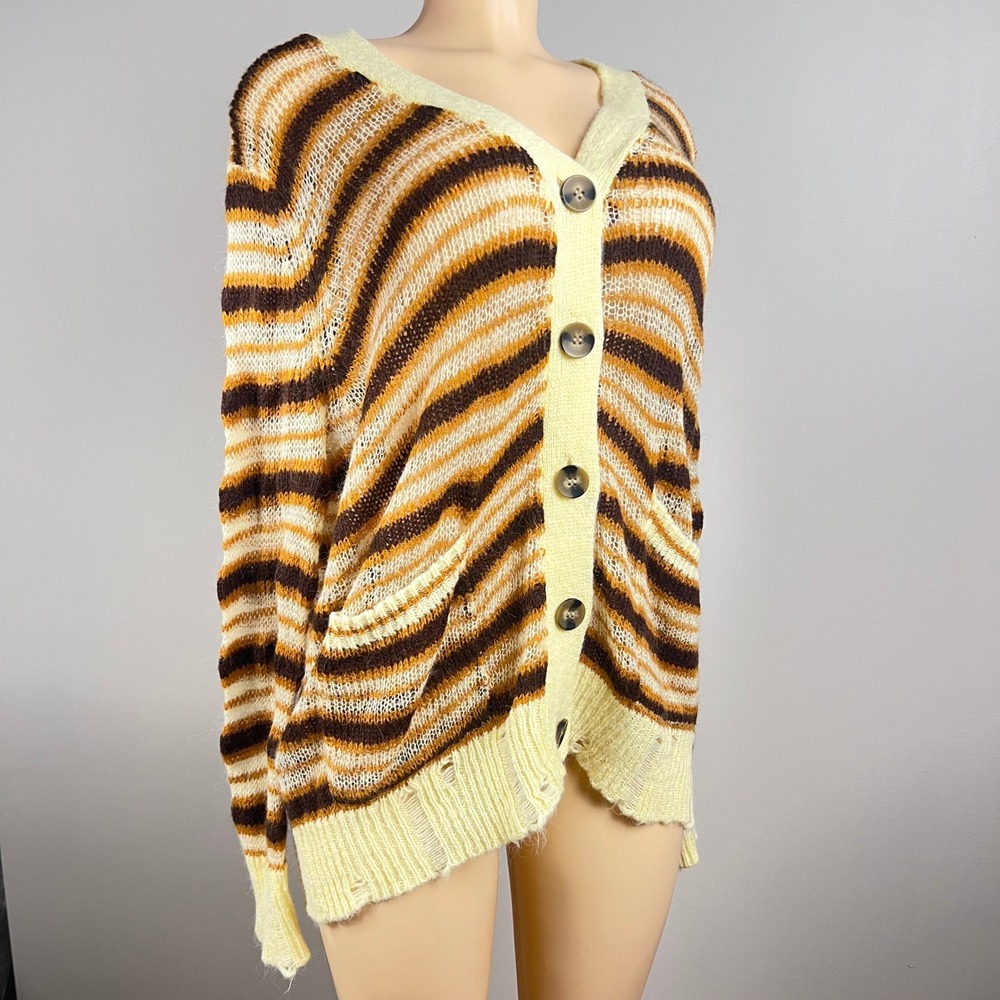Striped Oversized Cardigan Sweater XL  Grunge Open Knit Brown Yellow Distressed - Picture 5 of 12